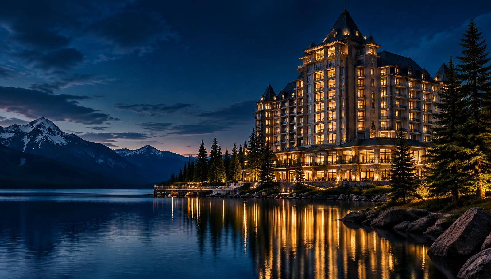 Resort hotel at night beside a Canadian lake